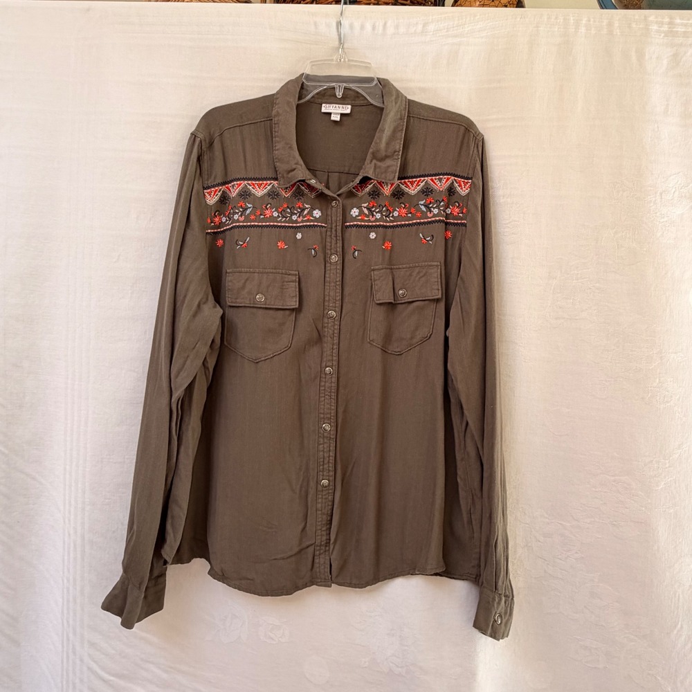 Shyanne Olive Green Embroidered Western Button Down Shirt XL Boho Southwestern